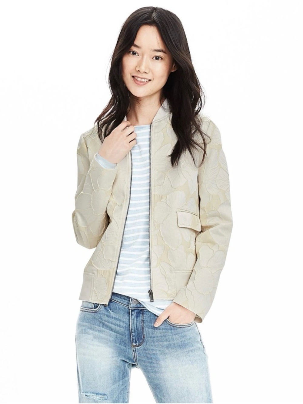 Banana Republic Floral Jacquard Bomber Jacket XS Neutral Modern Classic Varsity